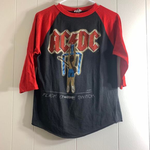 vintage 80’s AC/DC FLICK OF THE SWITCH double sided 3/4 sleeve tee shirt MEDIUM - Picture 2 of 7